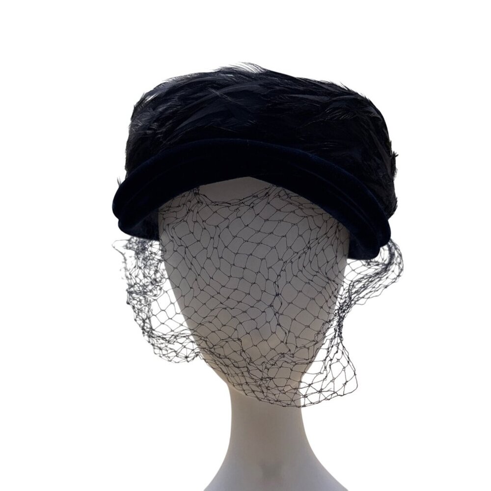 Vintage 50s 60s Navy Velvet Feather Pillbox Hat w/ Veil 22.5" Circ Retro Formal